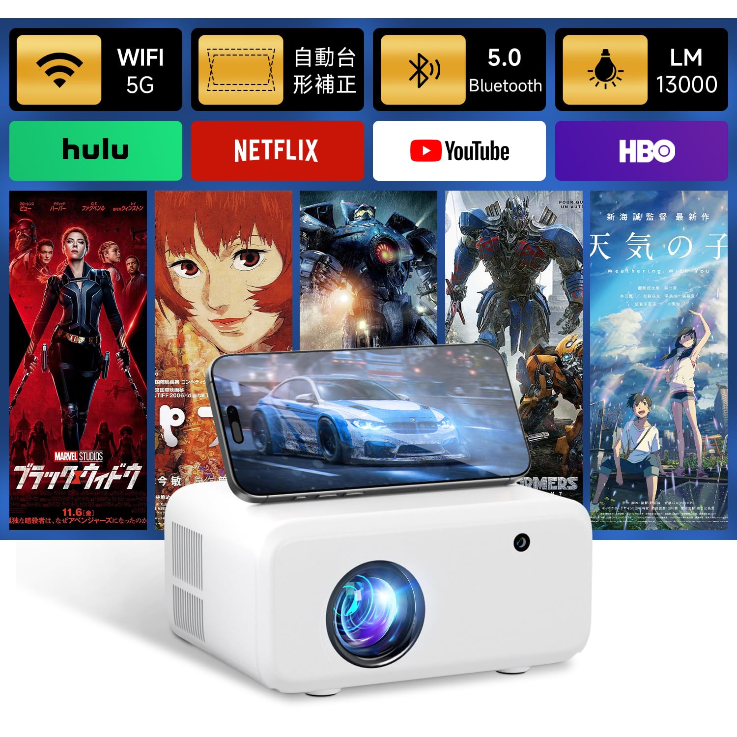 2025進級版プロジェクター 家庭用 プロジェクター 小型 あります wifiとbluetooth 1080pビデオサポート 13000 l hifiスピーカー
