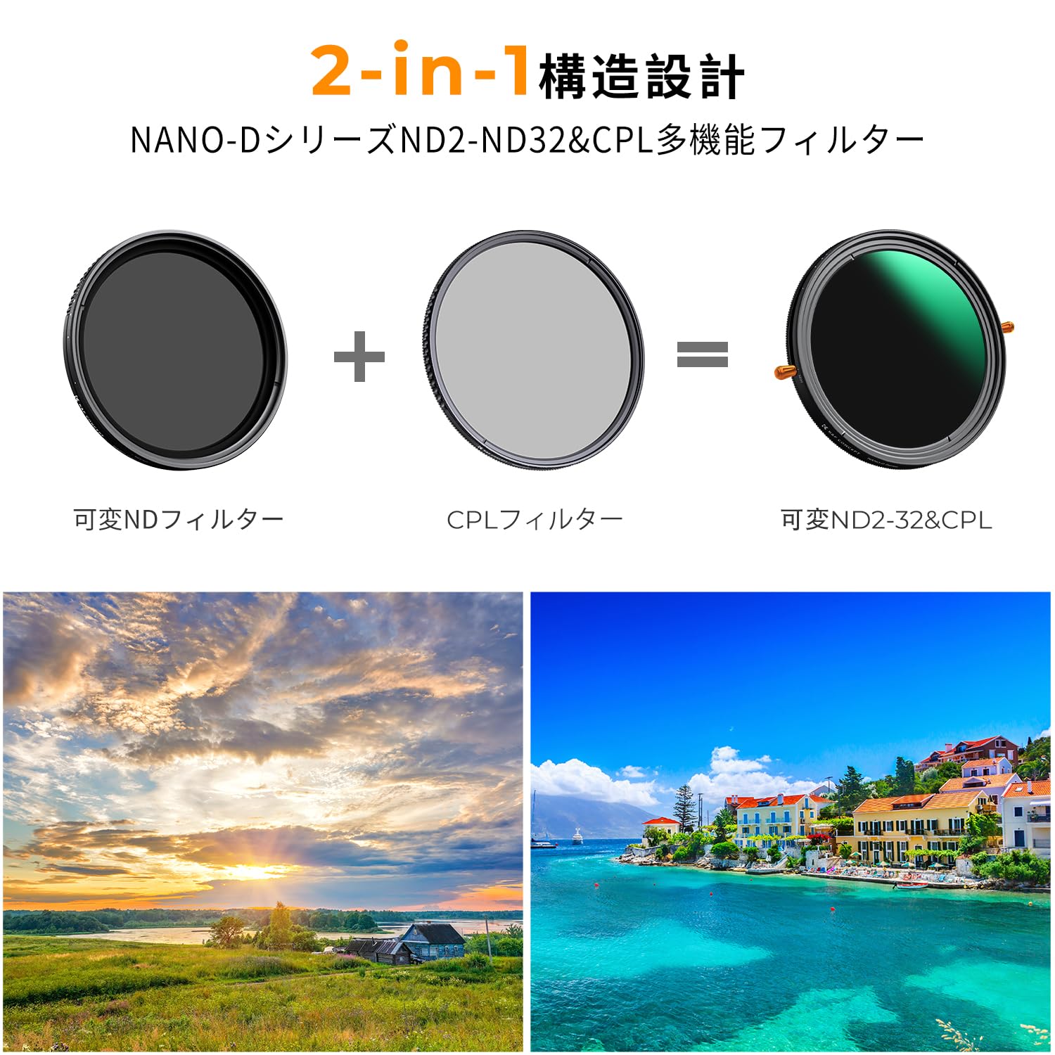 【クーポンで10％OFF?】【送料無料】K&F Concept 62mm ND2-32&CPLフィルター 多機能フィルター 2in1 一枚二役 減光+偏光効果 両面24層ナ