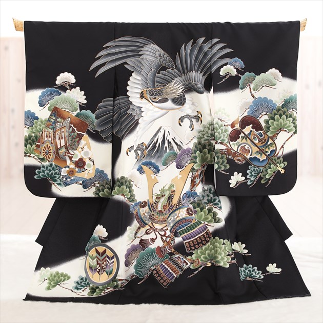 レンタル 夏用 単衣 男の子 産着レンタル お宮参り Mdh3001 シャン帽子セット 涼しい 産着 祝着レンタル 赤ちゃん 着物レンタル 男の子産着 お食い純真め 初着 赤ちゃん着物 貸衣装 かっこいい 大人気 高級 黒地に飛翔鷹と縁起金刺繍 夏用の涼しい単衣産着レンタル楽な