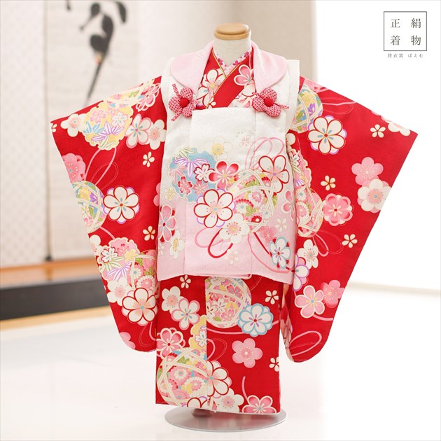 安い割引 赤地に彩り古典祝華スタイル Hifu 誕生日 高級生地 かわいい モダン 人気 子供着物 和服 結婚式 ３才 貸衣装 被布 753 着物レンタル 絹のお着物 被布セット F1411 七五三レンタル 着物 正絹 女の子 レンタル ３歳 和服