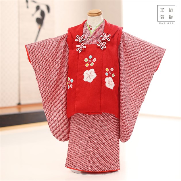 多様な 七五三 着物レンタル 正絹 女の子 ３歳 F1422 フォトブックプレゼント 上質でシンプルな赤白総絞り レンタル 21 Hifu 高級生地 上品 かわいい モダン 人気 子供着物 誕生日 結婚式 ３才 貸衣装 被布 753 プレミアム 絹のお着物 被布セット 和服