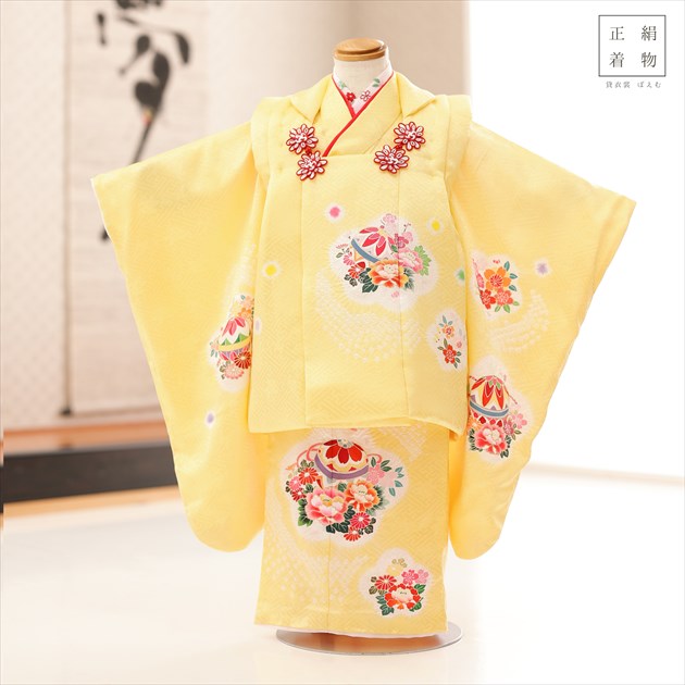 美品　七五三　3歳　正絹　お着物セット　正絹被布 七五三 3歳 女児 被布 着物 セット 正絹 梅橘 赤 被布コート 白 SPF23