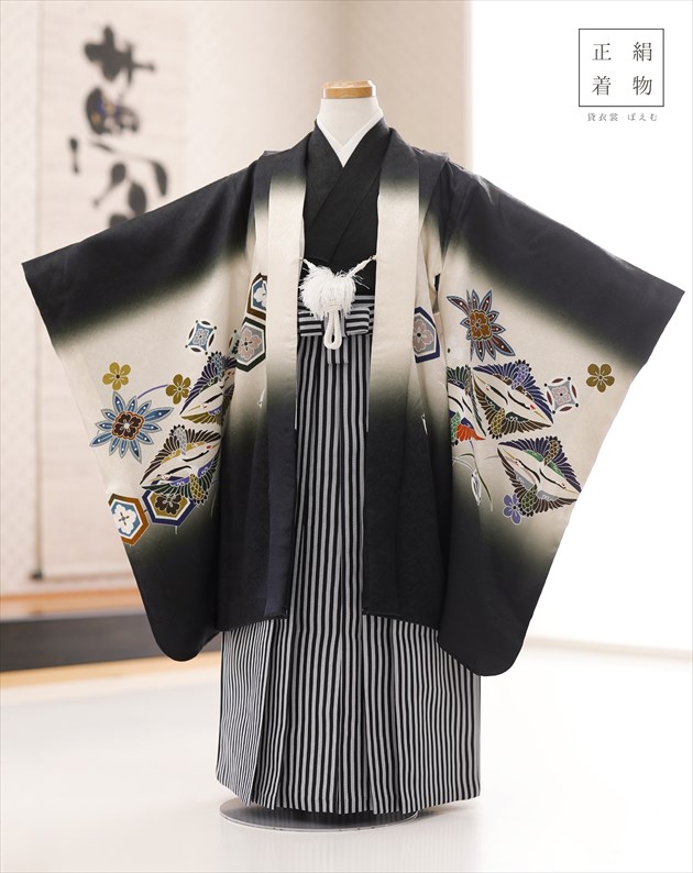 ５歳 男の子 753 正絹 着物レンタル d5660 七五三レンタル 【絹のお着物】袴レンタル 貸衣装 卒園式 子供着物 羽織袴 5才 七草祝い 初詣 かっこいい 人気 2024 モダン フォトブック 高級プレミアム「しゃれっこ」ブランド 黒地ぼかし勇雄飛翔鷹【レンタル】