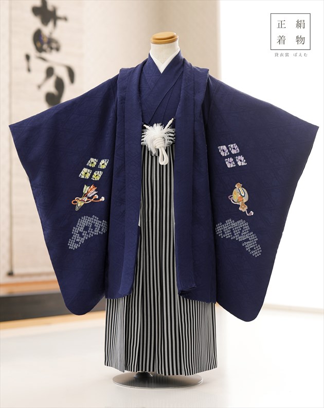 男の子用・5歳から7歳向け・表側正絹のお着物・羽織付き 七五三 着物 男の子 5歳 ブランド 羽織袴セット 華徒然 「黒 束ね熨斗