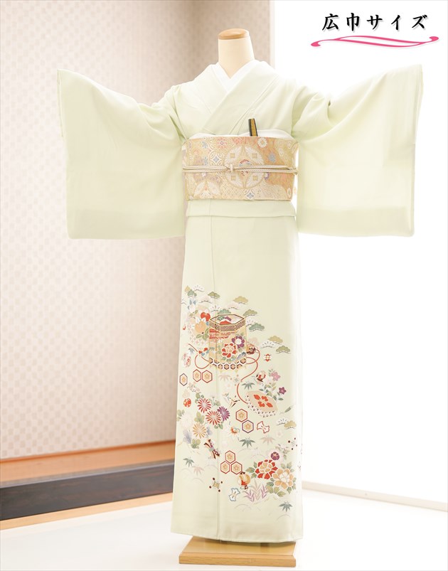 【大層らしい大きさ】広巾 色留袖賃借 ih1001 五つ紋 正絹 フルセット 色留め袖 華燭の典 結納 卒式 はいり込む式 血縁グループ 母ちゃん 御前上等御召しもの賃借  御祝い 表彰状式 貸御召しもの 幅ひろい ＬＬ大きさ 大きめ色留袖 一般受け パステル色の緑であることに吉祥名著貝桶慶華 【賃借】