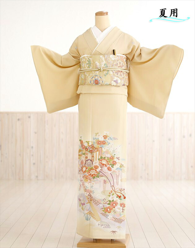 単衣 色留袖レンタル sit143【夏用】五つ紋 結婚式 色留袖フルセット 華やか 若い 着物レンタル 単 ブランド 式典 親族 人気 パステル 留め袖 色留め袖 礼装 正絹「京友禅クリーム慶びの華と御所車」【fy16REN07】【レンタル】