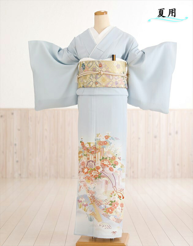 単衣 色留袖レンタル sit144【夏用】五つ紋 結婚式 色留袖フルセット 華やか 若い 着物レンタル 単 ブランド 式典 親族 人気 パステル 留め袖 色留め袖 礼装 正絹「京友禅水色慶びの華と御所車」【fy16REN07】【レンタル】