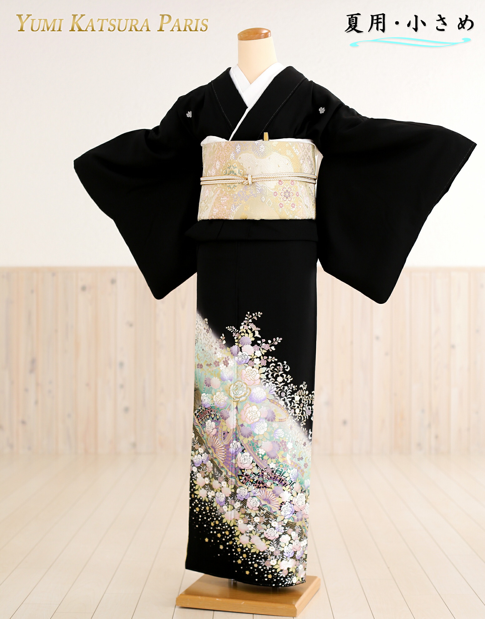 夏用 単衣 小さいサイズ 桂由美 留袖レンタル sts759s 結婚式 Sサイズ 150cm前後対応 黒留袖レンタル 母親 親族 留め袖 着物レンタル 正絹 貸衣装 チャペル 豪華 人気 2023 Yumi Katsura tomesode「フラワーロード」【レンタル】【fy16REN07】