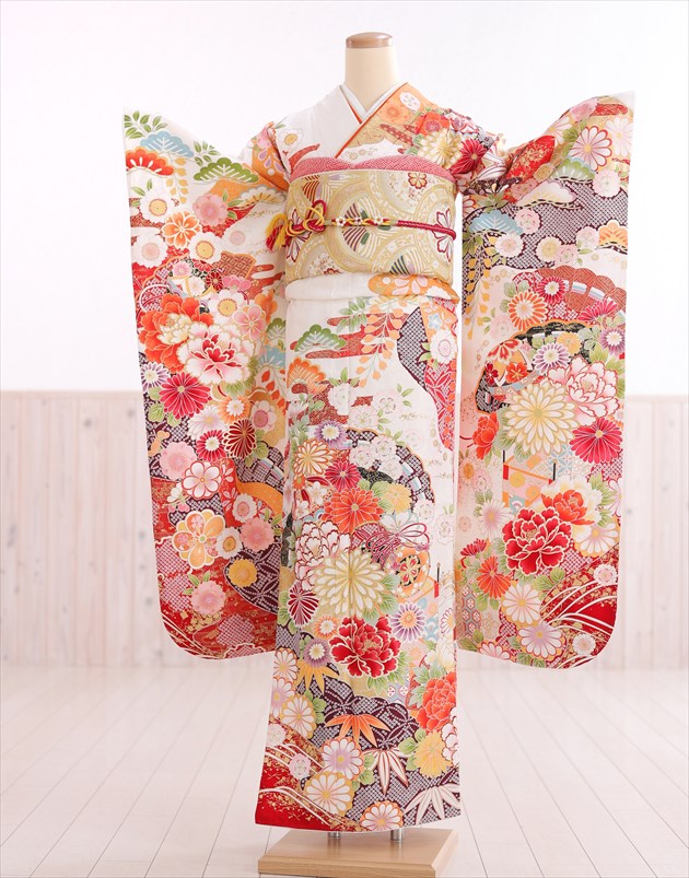 粋古典 紺/赤/ゴールド(金色) 牡丹柄/大柄 金彩刺繍京友禅