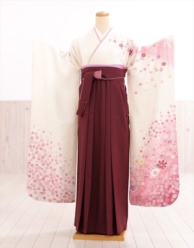 【レンタル】卒業式 袴レンタル 卒業袴 振袖袴 fboh4007 女性 着物レンタル フルセット 大人用 大学 短大 専門学校 謝恩会 高校 中学校 文化祭 大きめ小学生 モダン おしゃれ ３月 ４月 人気 春 高級正絹 「白地にピンクぼかし彩華×エンジ袴」