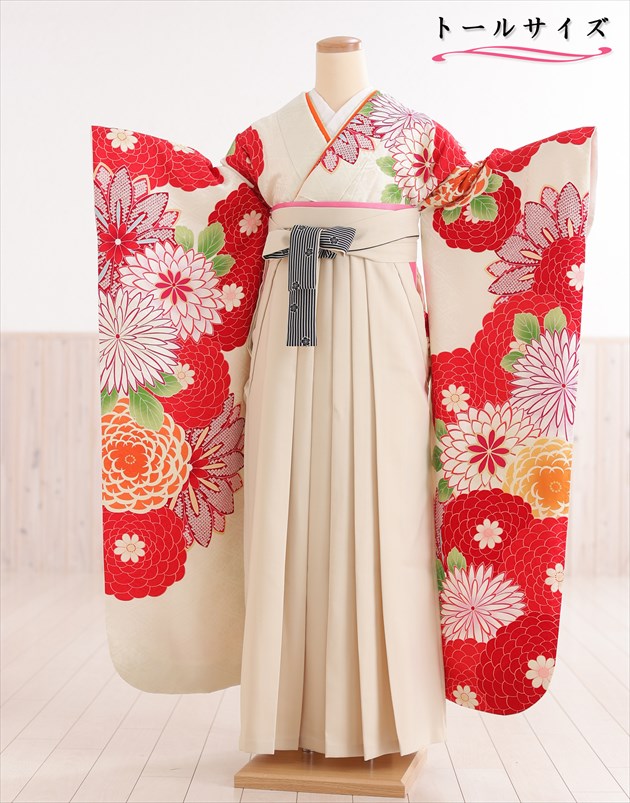 【レンタル】高身長 トールサイズ 卒業式 袴レンタル 卒業袴 fboh1446 女性 170cm前後 着物レンタル フルセット 大人用 大学 短大 専門学校 謝恩会 高校 中学校 文化祭 豪華 ３月 ４月 人気 春 高級 振袖袴 古典 おしゃれ モダン 白クリーム彩りモダン絢爛花×クリーム袴
