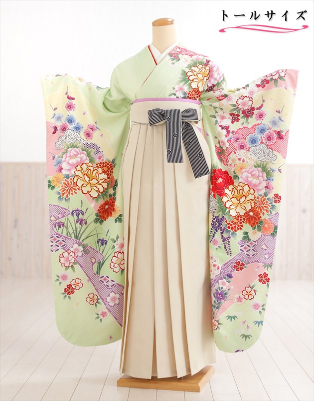 【レンタル】高身長 トールサイズ 卒業式 袴レンタル 卒業袴 fboh1361 女性 170cm前後 着物レンタル フルセット 大人用 大学 短大 専門学校 謝恩会 高校 中学校 文化祭 豪華 ３月 ４月 人気 春 高級 振袖袴 古典 おしゃれ モダン 黄緑に彩り縁起の慶望花