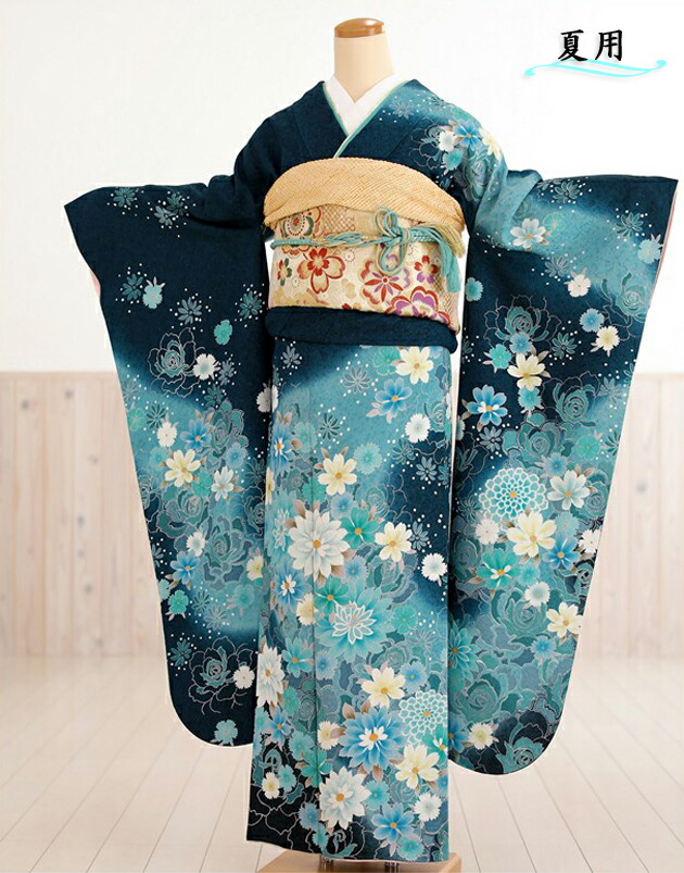単衣 夏用 振袖レンタル sf1521 青緑ぼかし慶びの彩花【フルセット】単 振り袖 レンタル振袖 着物 結婚式 結納 夏 夏期 貸衣装 イベント 食事会 5月 6月 7月 8月 9月 10月 kimono furisode 涼しい レトロ モダン 古典 人気 おすすめ【fy16REN07】