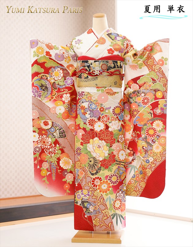 単衣 夏用 桂由美 振袖レンタル「赤&times;白慶び絢爛豪華金刺繍」 sf8004 フルセット 振り袖 レンタル振袖 着物 結婚式 結納 夏の成人式 夏期イベント 貸衣装 食事会 5月 6月 7月 8月 9月 10月 kimono furisode 涼しい 人気 高級ブランド 上品 古典柄 【レンタル】｜貸衣裳　ぽえむ
