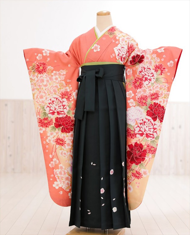 卒業式　袴レンタル　oh1012　着物レンタル　卒業袴【フルセット】大人用　女性　大学　短大　専門学校　謝恩会　高校　文化祭　大きめ小学生　卒業式袴　２月　３月　４月　袴レンタル　人気　　オレンジに春慶びの桜華×緑袴【レンタル】
