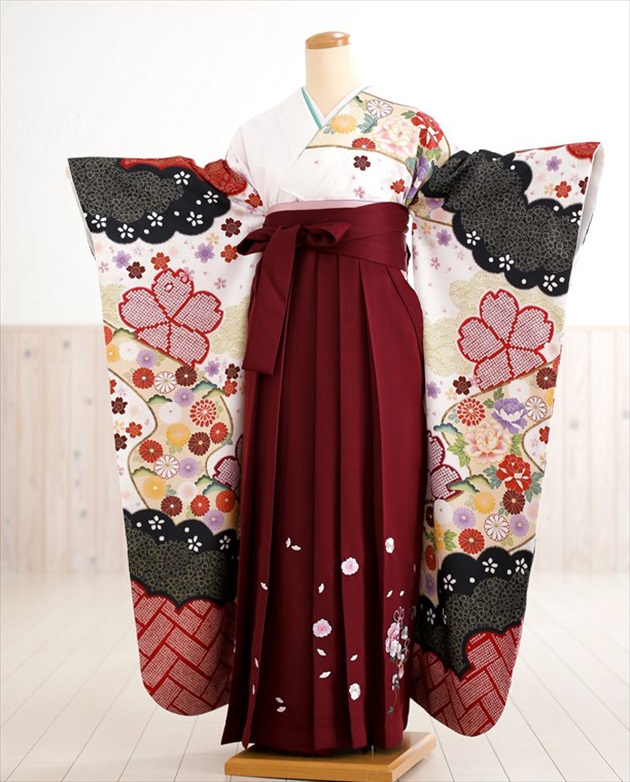 卒業式　袴レンタル　oh1060　着物レンタル　卒業袴【フルセットレンタル】大人用　女性　大学　短大　専門学校　謝恩会　高校　中学校　文化祭　大きめ小学生　卒業式袴　２月　３月　４月　袴レンタル　かわいい　人気　春　白地疋田に吉祥舞花×エンジ袴