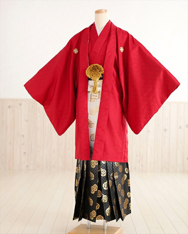 成人式 男 袴レンタル 紋付 Mo044s 赤 黒金亀甲ぼかし 羽織袴