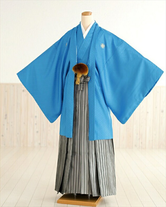 新品 １月成人式期間用紋付 身長約170cm 180cm対応 1月上旬 成人式 正月イベント用 成人式 男 紋付レンタルブルーに黒銀縞袴mo048s 紋付きフルセット