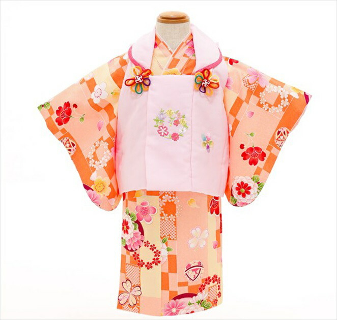 17年入荷 簡単着付けの１歳女の子用着物 身長80cm前後 桃の節句 お祭り イベントなどに レンタル １歳女の子着物レンタル 着物セット オレンジ市松かわいい祝花 和服 Jbk052 １歳女児 レンタル着物 ベビー衣装レンタル 一才 一歳 結婚式