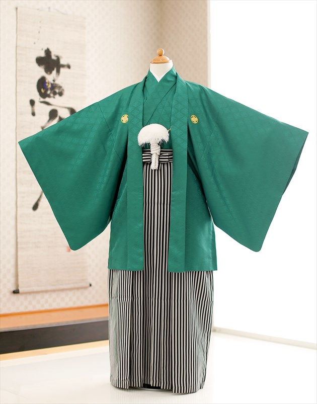 【レンタル】小学校卒業式 袴レンタル 小学生 男 jmo041 スタイルグリーン緑×白黒縞袴　紋付きフルセット 羽織袴レンタル 男の子 卒業式 袴 着物レンタル 12歳前後 十三参り ジュニア 小学生 6年生 結婚式 人気 かっこいい画像