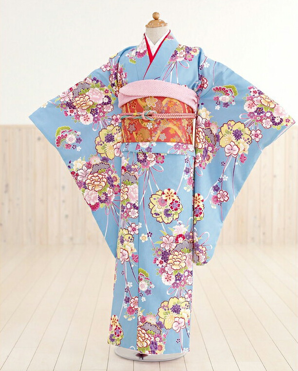 お坊っちゃんお召しもの賃借 水色に楽しいことの胸花 jk035【御姉さんフルセット賃借】/13まいり/御芽出度/十三参り賃借/10歳～13歳/卒式/御姉さん/でき事/告げ知らせる会/貸お召しもの/二分の一成年者式/お坊っちゃん振袖/二分の一/和装/ 【fy16REN07】