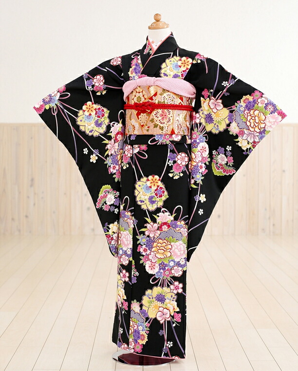 ジュニア着物レンタル 黒地に彩りの花束 キッズ ベビー マタニティ Jk1033 女の子フルセットレンタル キッズファッション Fy16ren07 Jk1033 ハーフ成人式 結婚式 子供用 8歳 10歳 小学生 イベント 発表会 貸衣装 1 2 にぶんのいち