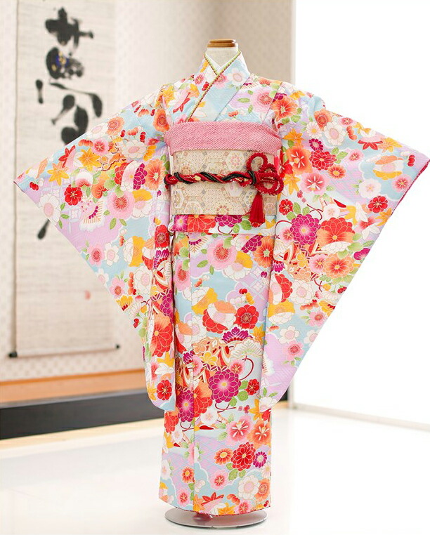 お坊っちゃん御召しもの賃借 「式部浪漫」ブランド名×水色に絢爛楽しいことの花 jk1066【お嬢さんフルセット賃借】〔華燭の典〕〔ちびっ子用〕〔8歳・9歳・10歳〕〔1/2成年者式〕小学生/出来事/告げ知らせる会/貸御召しもの/にぶんのいち/お坊っちゃん振袖/名著/一般受け/姉/ 【fy16REN07】