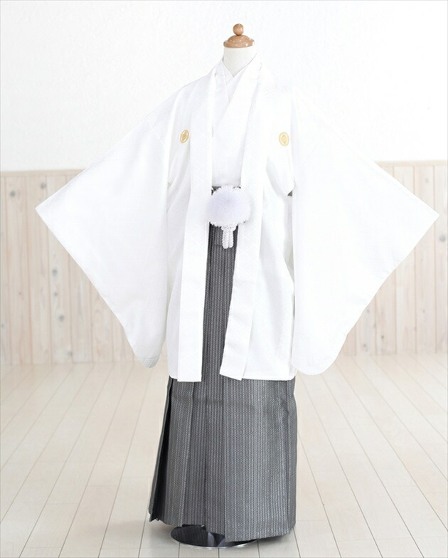 小学生 ジュニア用 紋付袴レンタル 卒業式 白地にグレー銀縞袴 jmo009 紋付きフルセット 小学校卒業式 羽織袴 男性着物レンタル １２歳前後 十三参り ６年生 結婚式 イベント 男の子 【レンタル】