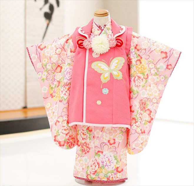 美品　七五三　3歳　正絹　お着物セット　髪飾り付き 七五三 3歳 正絹お着物セット 正絹被布コーデ 草履 バッグ 髪