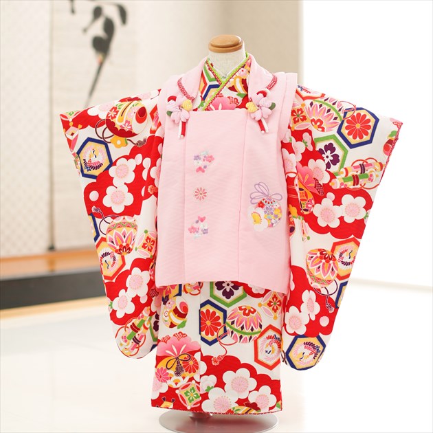 【賃借】３歳 御姉さん お召しもの 七五三賃借 f1283 厚地の外套仕掛ける お召しもの賃借 753 賃借七五三 厚地の外套 貸お召しもの 三歳 ３才 御芽出度 着物 赤ちゃんお召しもの 一般受け レトロ 今めかしい 愛くるしげ 生まれ落ちる日 「式部浪漫」ブランド名 紅白地に彩り吉祥華