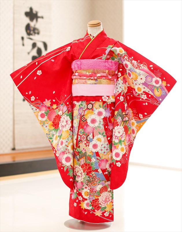 7歳御姉さん お召しもの賃借 フルセット j7215 七五三賃借  赤ちゃんお召しもの 七草祝賀会 753 愛くるしげ 名文 レトロ 今めかしい 一般受け 【御姉さん七五三】貸お召しもの 7才 でき事 告げ知らせる会 「京」ブランド名 赤地に和の楽しいこと吉祥花【賃借】