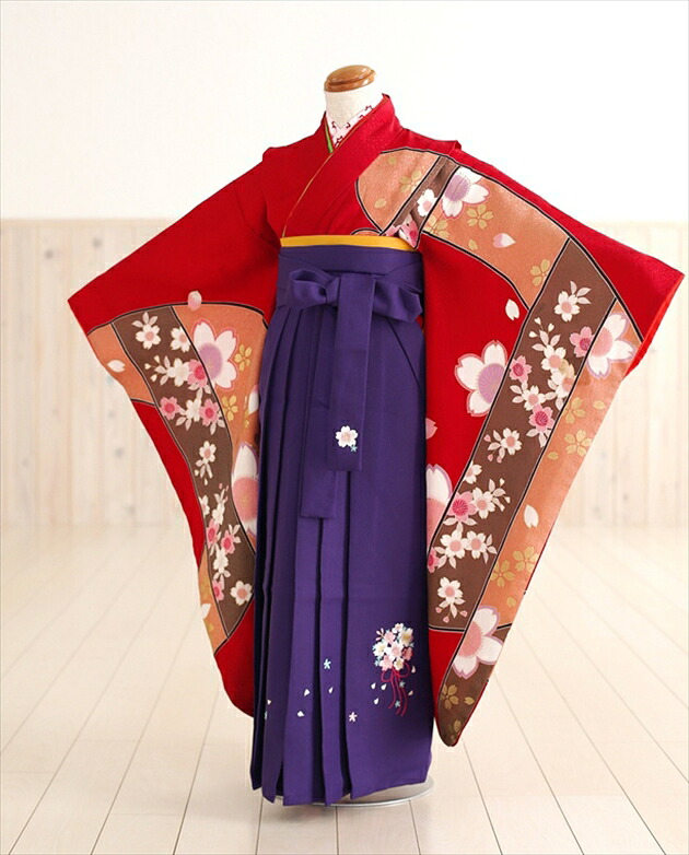 6歳前後用御姉さん袴m 赤地に桜の吟味立て  紫桜袴 cph7516【フルセット賃借】〔賃借袴〕〔お召しもの賃借〕〔幼稚園卒園式〕〔保育園〕〔卒式〕〔今めかしいさん〕〔コスプレ〕〔6歳前後〕〔赤ちゃん〕〔でき事〕〔寄りあい〕 【smtb-k】【kb】
