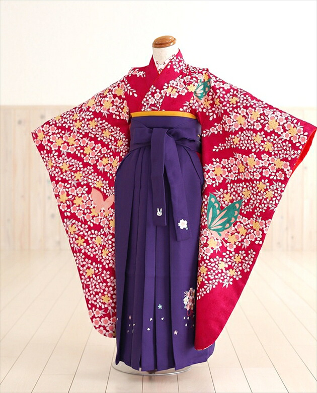 6歳前後用御姉さん袴m 赤地に蝶桜づくし  紫桜袴 cph7518【フルセット賃借】〔賃借袴〕〔お召しもの賃借〕〔幼稚園卒園式〕〔保育園〕〔卒式〕〔今めかしいさん〕〔コスプレ〕〔6歳前後〕〔赤ちゃん〕〔でき事〕〔寄りあい〕 【smtb-k】【kb】