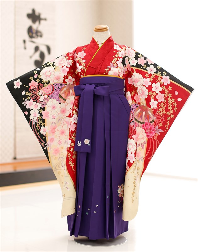 卒業式 身長約110cm 1cm の6歳前後対応 赤地彩り春花 紫桜袴 コスプレ 卒園式にオススメ 貸衣裳 和がまま ブランド ハイカラさん 袴レンタル 子供着物 保育園 6歳 女の子m 卒園式 パーティー Gh7 19 卒園式やイベントにピッタリ 幼稚園 袴レンタル 6歳