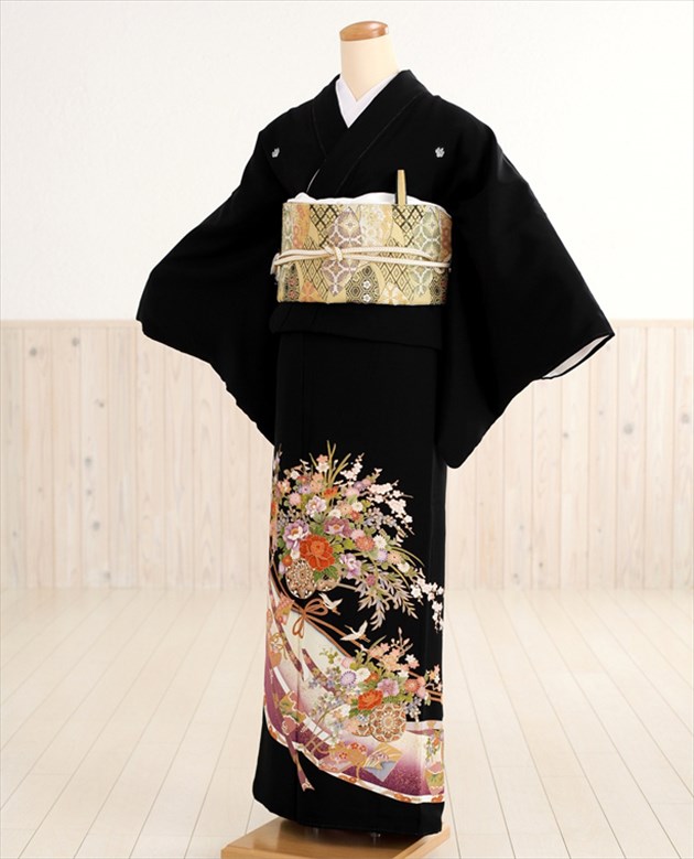【留袖レンタル】【黒留袖　レンタル】（レンタル留袖）華燭慶いの花車と熨斗 ts068 【留袖 フルセット】【レンタル　黒留袖】【留め袖】【結婚式】【貸衣装】【女性和服】【母親】留袖レンタル新品足袋プレゼント【fy16REN07】