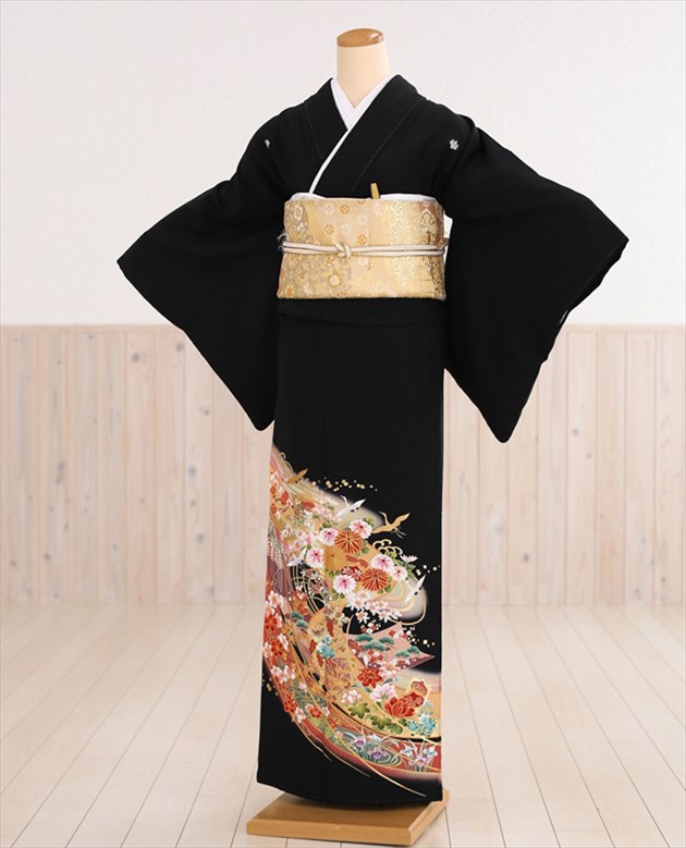留袖賃借【黒留袖 賃借】（賃借留袖）航空鶴に楽しいことの花熨斗 ts084 【留袖  フルセット】【賃借 黒留袖】留め袖 華燭の典 貸御召しもの 亭主もち着物 母ちゃん 留袖賃借 新品足袋【fy16REN07】【賃借】