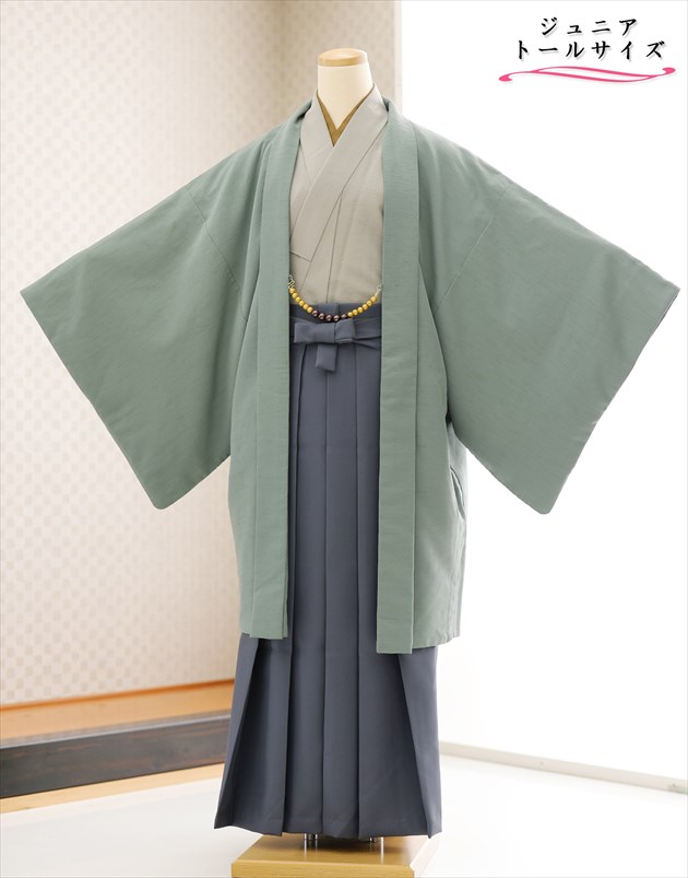身長高め 160cm 165cm対応 ジュニア かっこいい おしゃれ 羽織袴レンタル jbhkmo005-4 小学校卒業式 十三参り 小学生 12歳前後 男性着物レンタル メンズ フルセット 人気 貸衣装 kimono イベント 高級 千草緑色×スタイリッシュグレー袴【レンタル】