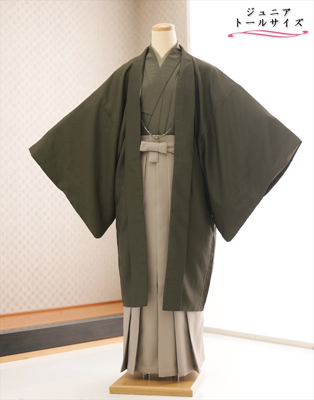 身長高め 160cm 165cm対応 ジュニア かっこいい おしゃれ 羽織袴レンタル jbhkmo004-4 小学校卒業式 十三参り 小学生 12歳前後 男性着物レンタル メンズ フルセット 人気 貸衣装 kimono イベント 高級 璃寛緑茶色×ライトベージュモダン袴【レンタル】