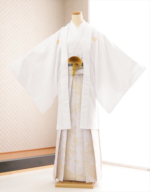 卒業式 袴レンタル 男 mo268 紋付袴フルセット メンズ着物 男性着物レンタル 羽織袴 kimono 結婚式 イベント 和服 かっこいい 人気袴 ホスト 白×アイボリー吉祥文様高級袴【レンタル】