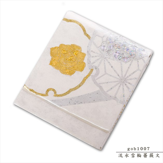 帯レンタル gob1007「流水雪輪薔薇文」【桂由美カタログ掲載柄】アップグレード帯 銀色 高級帯 留袖や訪問着の通常レンタル帯をアップグレード 留袖・色留袖・訪問着の着物と同時レンタルで5000円OFF 【レンタル】