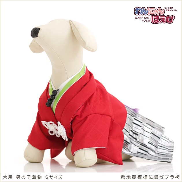 【レンタル】犬の着物 Sサイズ 小型犬 男の子 羽織袴 紋付袴 ds-002 マルチーズ ポメラニアン ペット着物 歩きやすい 簡単 往復送料無料 高級生地 かわいい 結婚式 七五三 初詣 お誕生日 撮影会 人気 かっこいい フォトウェディング「赤地模様に銀モダン袴」|貸衣裳 ぽえむ