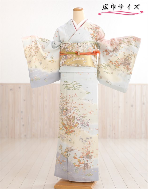 大きいサイズ 訪問着レンタル hh1462 卒業式 母 着物レンタル ママ 正絹 入学式 結婚式 七五三 お宮参り 13号~19号 フルセット 広巾 広幅 LLサイズ big レンタル訪問着 貸衣装 お茶会 高級 houmongi 水色に慶祝華と吉祥御所車【レンタル】