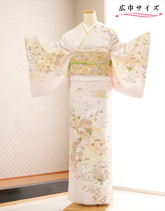 大きいサイズ 訪問着レンタル hh1511 卒業式 母 着物レンタル ママ 入学式 結婚式 七五三 お宮参り 正絹 13号～19号 フルセット 広巾 広幅 LLサイズ big レンタル訪問着 貸衣装 お茶会 高級 houmongi ピンクに古典吉祥金彩慶華【レンタル】
