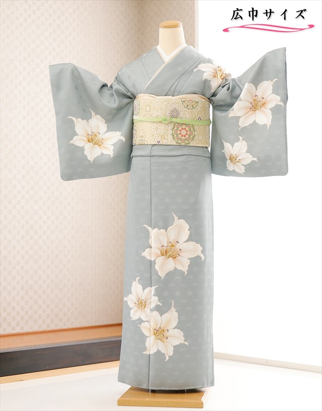 大きいサイズ 訪問着レンタル hh1609 卒業式 母 着物レンタル ママ 入学式 結婚式 七五三 お宮参り 正絹 13号～19号 フルセット 広巾 広幅 LLサイズ big レンタル訪問着 貸衣装 お茶会 2023 高級ブランド houmongi「花季節」 上品な蒼碧に慶び吉祥百合【レンタル】
