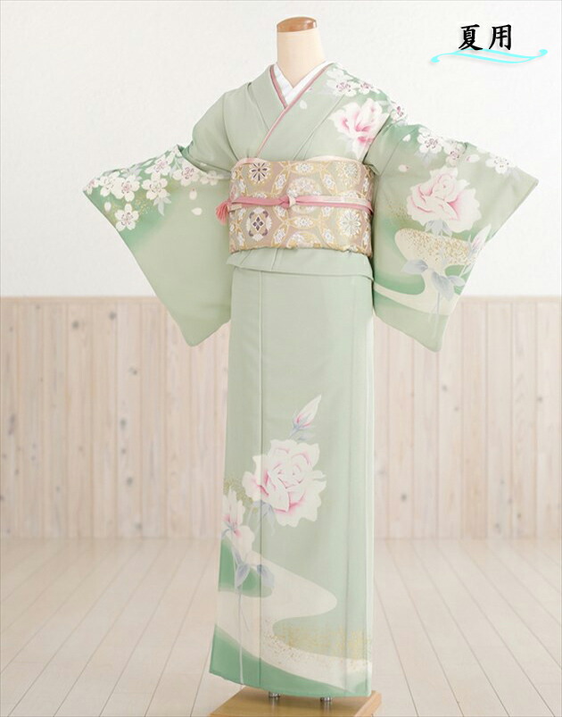 訪問着 オレンジと緑 花と扇子刺繍 着物・浴衣