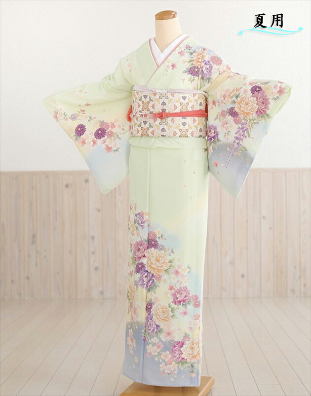 単衣　訪問着レンタル　sh1037　訪問着レンタル　結婚式　訪問着レンタル　夏用　訪問着レンタル　単　訪問着レンタル　お宮参り　６月～９月　着物レンタル　ママ　母　母親　「ジャパンスタイル」ブランド グリーンに絢爛華【レンタル】｜貸衣裳　ぽえむ