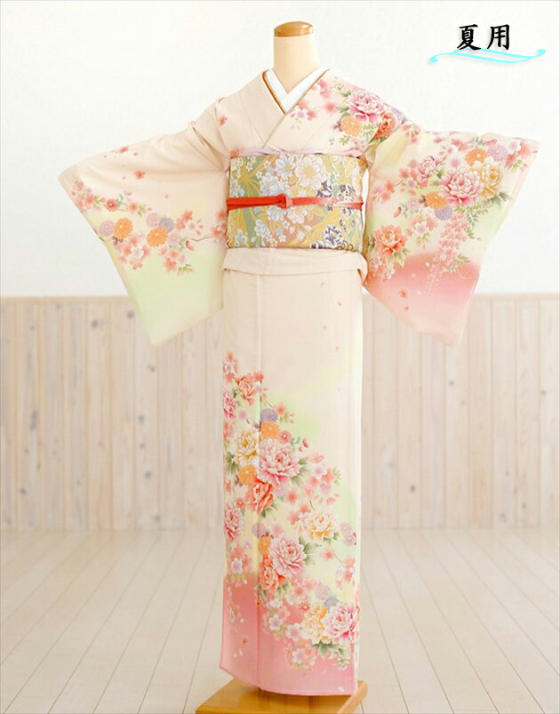 訪問着レンタル【夏用】【単衣】「ジャパンスタイル」 オレンジピンクに彩華 sh1039【訪問着フルセット】/単/着物レンタル/お宮参り/貸衣装/イベント/kimono/サマー/夏/６月/７月/８月/９月/付け下げ/結婚式/涼しい/ママ/母/母親/houmongi 【レンタル】