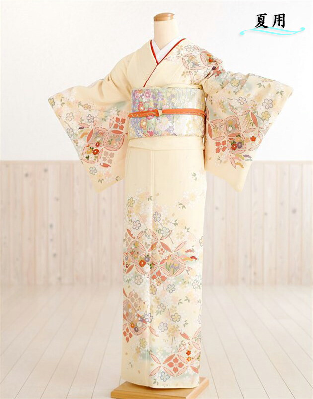 訪問着レンタル 夏用 単衣「ジャパンスタイル」 クリームに繚彩慶華 sh1041 フルセット 単 着物レンタル お宮参り 貸衣装 kimono サマー 夏 6月 7月 8月 9月 付け下げ 結婚式 涼しい ママ 母親 houmongi 【fy16REN07】【レンタル】|貸衣裳 ぽえむ