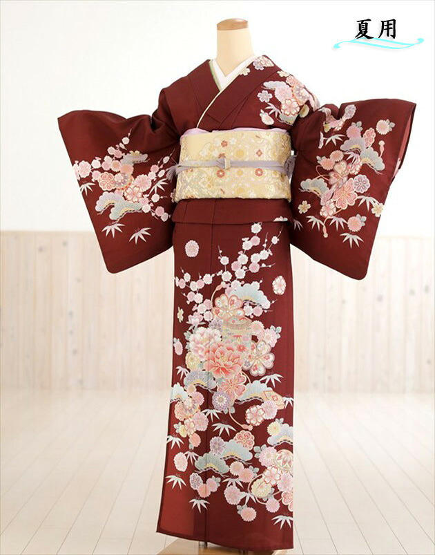 単衣 訪問着レンタル sh1099【夏用 着物レンタル】 訪問着フルセット 単 結婚式 お宮参り イベント kimono サマー 夏 ６月 ７月 ８月 ９月 付け下げ 涼しい ママ 母 母親 houmongi 赤茶葡萄に吉祥慶びの彩華【fy16REN07】【レンタル】｜貸衣裳　ぽえむ