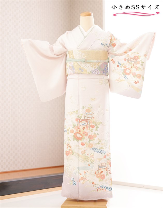 身長145cm前後 訪問着レンタル 小さいサイズ hw1687ss 卒業式 正絹 着物レンタル 母 入学式 結婚式 七五三 ママ 小さめ SSサイズ 身長低め ミニサイズ フルセット お宮参り 753 母親 kimono お茶会 華やか 2026 houmongi 淡いピンクに貝桶吉祥慶華【レンタル】